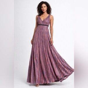 BCBG Party Dress Metallic Rainbow Pleated Maxi Dress Deep V‎ Neck Medium Prom